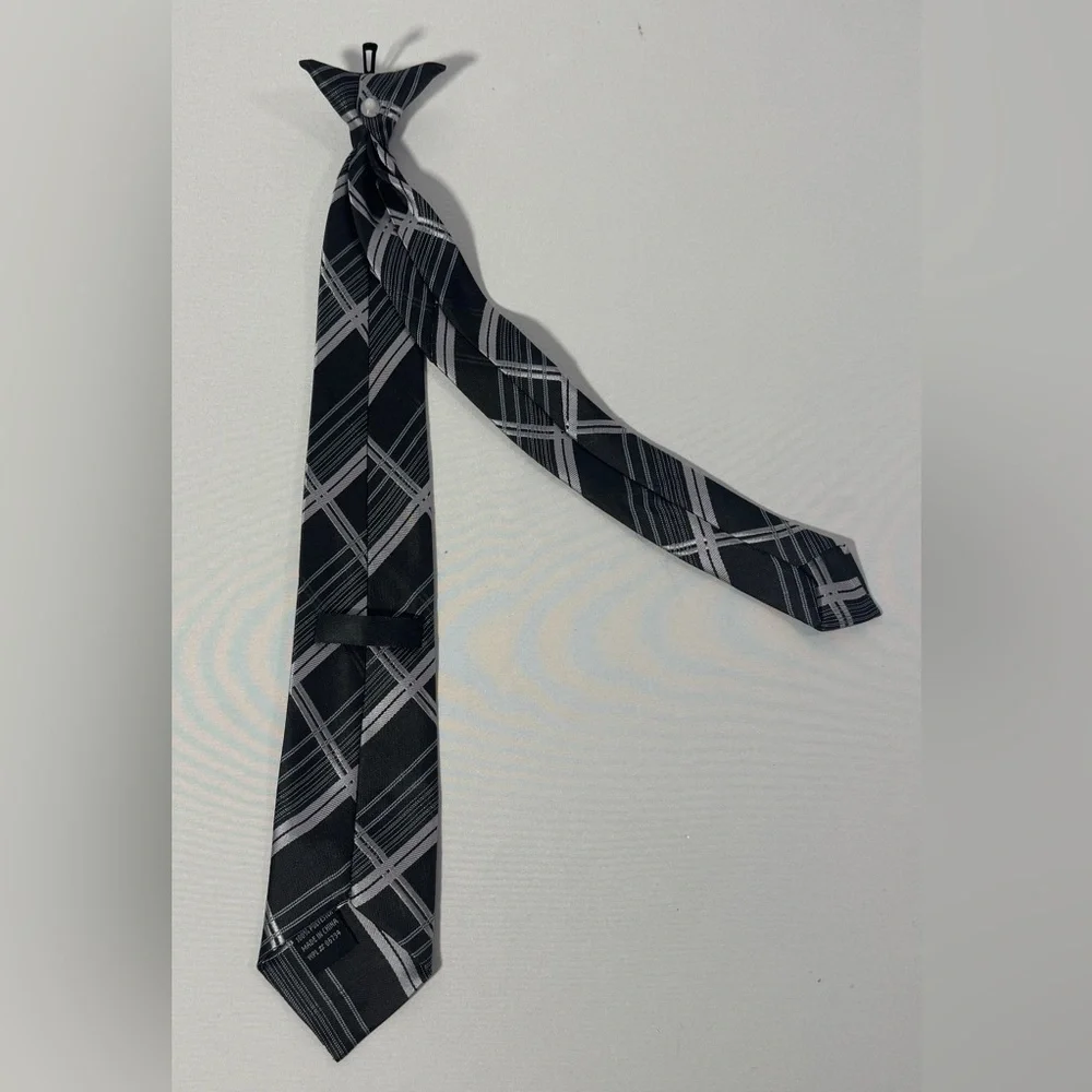 Boys Striped Clip On Tie Necktie Black Gray Plaid 17” Long